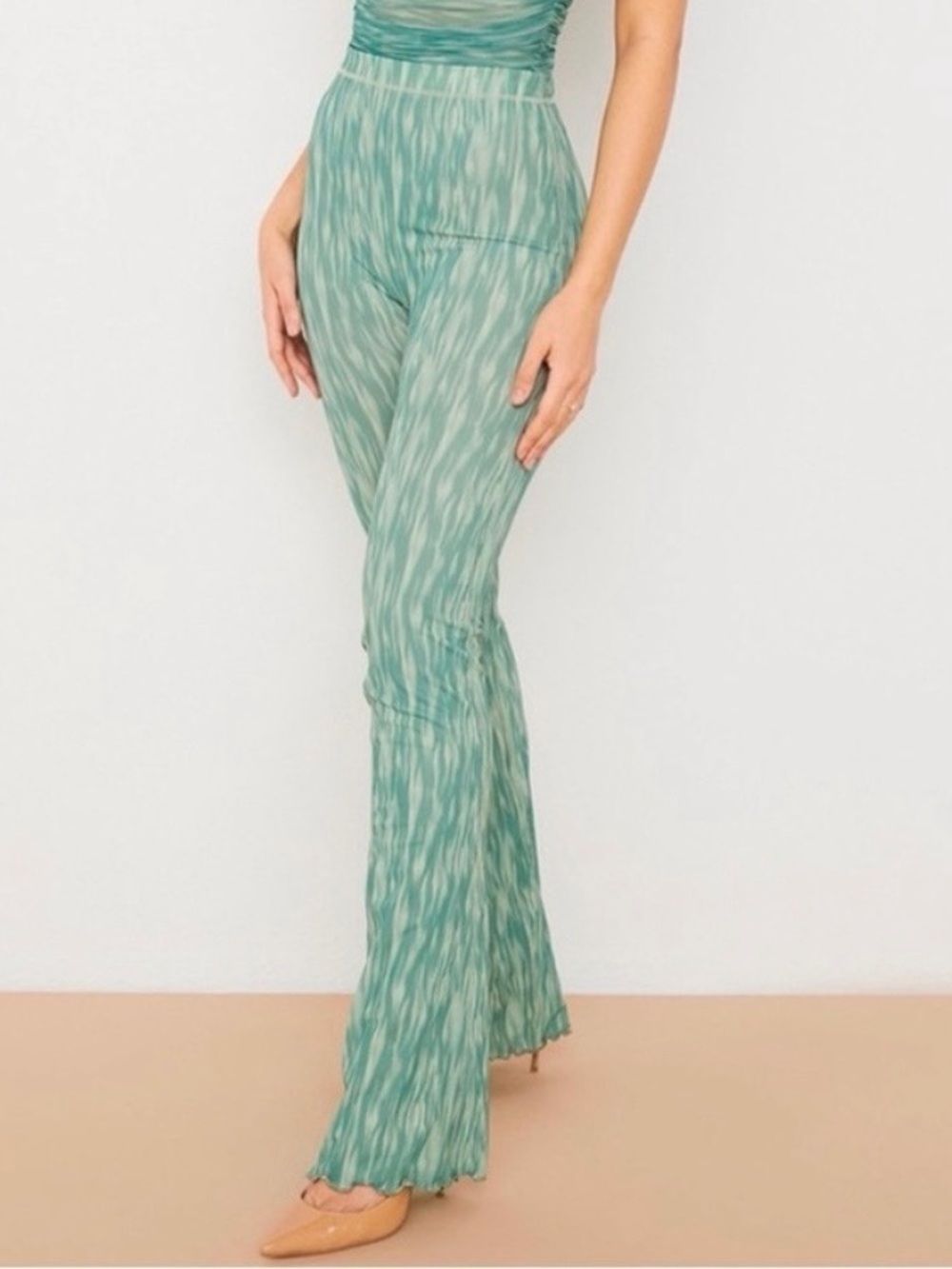 House of CB Sage Green Printed Patterned Stretchy High waisted Flare Trousers
